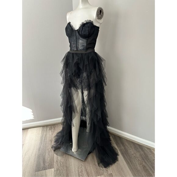 NWT For Love & Lemons Womens Strapless Sheer Tulle Bustier Gown Black Large $359 - Picture 7 of 11